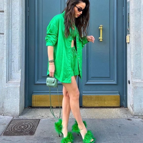 ZARA 2 Piece Satin Overshirt And Matching Shorts Green - Picture 9 of 10